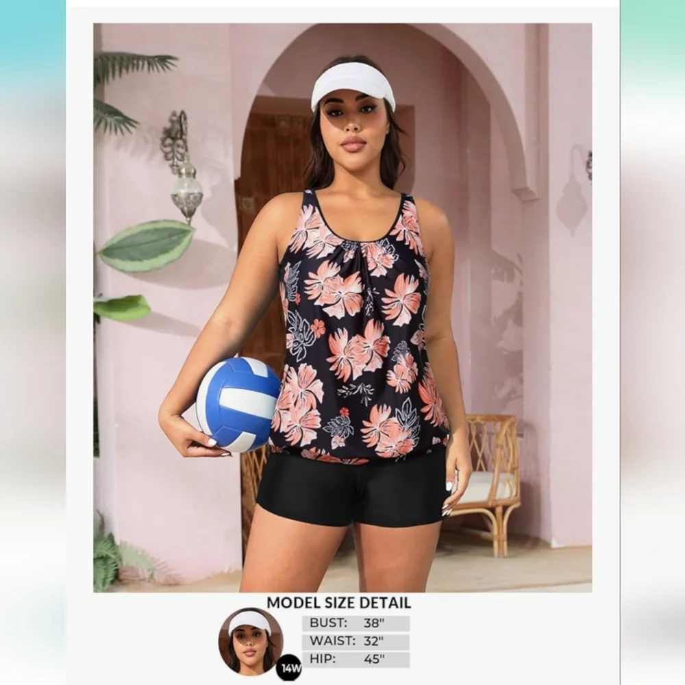 NWT Floral Sleeveless Tankini Swim Shorts Set- Black and Pink - Picture 4 of 7